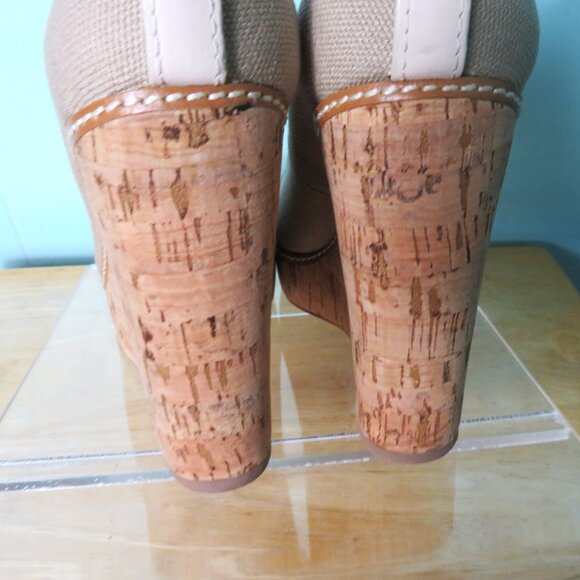 Tory Burch Shoes Wedge Heel Pumps Tan & Beige Leather & Cork Size 7 1/2 M - Picture 3 of 13